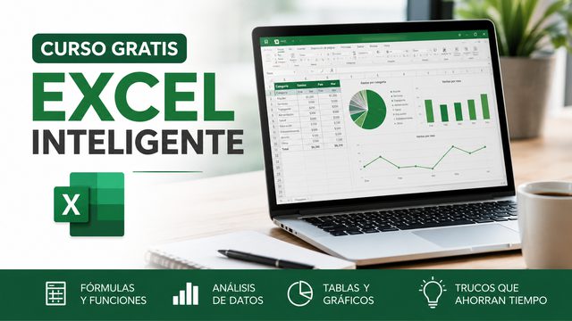 Curso gratis Excel Inteligente: portátil con una hoja de cálculo y gráficos de análisis de datos