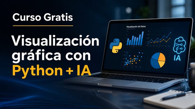 Curso gratis Visualización Gráfica con Python + IA: portátil con un panel de gráficos de barras, líneas, dispersión y torta junto al logo de Python